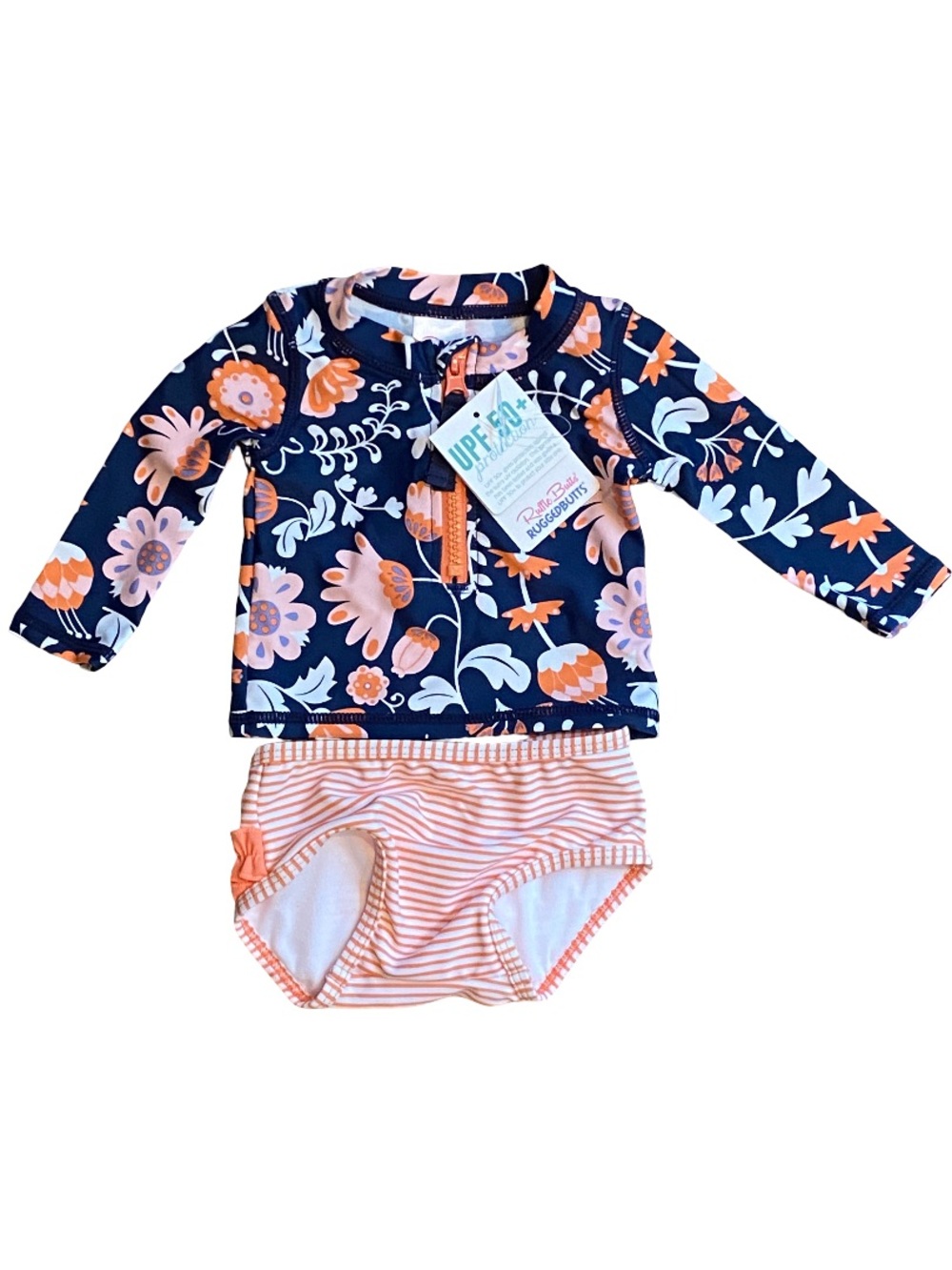 NWT Ruffle Butts floral blue orange UPF 50+ rash guard swimsuit 3-6 months